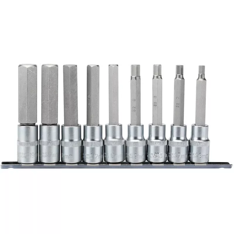 Draper Tools 1/2" Sq. Dr. 100mm Long Metric Hex Socket Bit Set, 9 Pce
