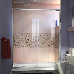DreamLine DL-6963L-01CL The DreamLine Visions shower or tub door offers breathtaking style for your shower area. Visions features a unique design with two stationary glass panels and two sliding glass panels that open to create an ample center point